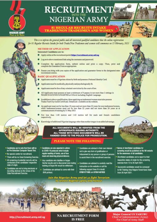 Apply For Nigerian Army Recruitment 2021(WAEC, NCE, OND, HND, Bsc)