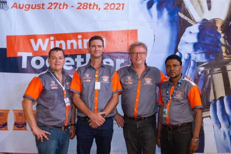 (L-R)  Chief Operations Officer, Pandagric Novum Limited, Arnold Smith, Chief Executive Officer,  Bruce Spain, Member, Executive Board, Theo van der Veen  and the General Manager, Sales and Marketing, Tunji Osoko during the 2021 Pandagric Novum Limited Distributor' Conference and Unveiling of Rebranded Supreme Feeds in Abuja.