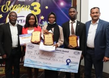 L-R:  Mr Folorunsho  Alaran, Marketing Manager (West Africa), Shalina Healthcare;  Ms Okafor Cynthia Chidera, University of Ibadan, 2nd Runner Up;  Ms Zakariya Farida, Ahmadu Bello University, Zaria, Winner, Shalina Young Talents Award, SYTA Season 3, (Best Pharmaceutical Student in Nigeria);  Oyenyi Adedoyin Emmanuel, University of Lagos, 1st Runner Up; and Mr Arun Raj, Vice President/ Head, Shalina West Africa at the National Grand finale of SYTA 2021 held in Lagos, Tuesday November 23, 2021.
