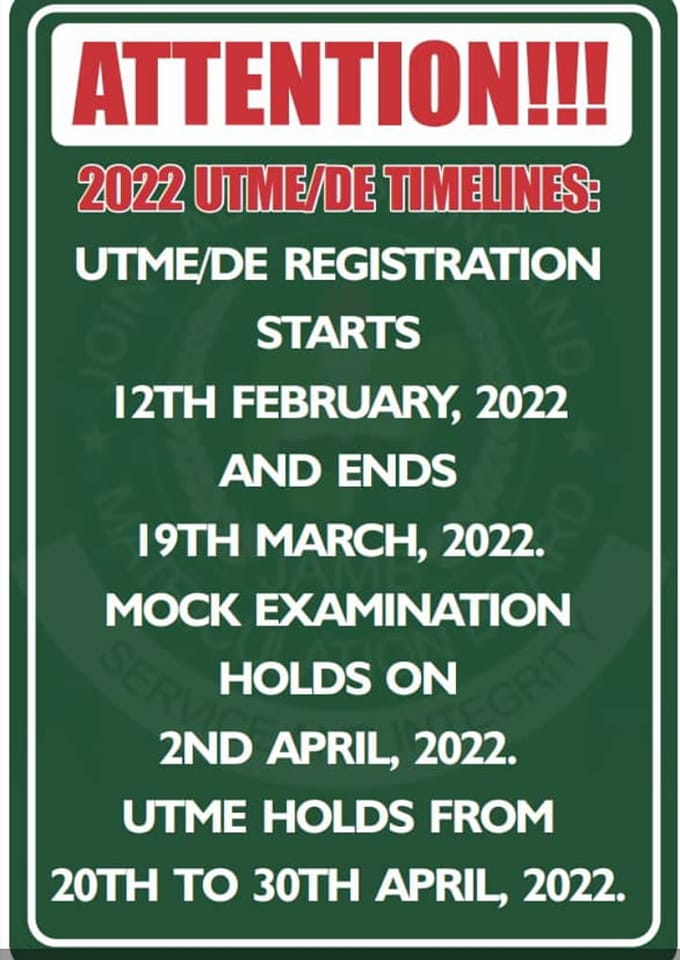 Latest JAMB News For UTME 2022 Exam Wednesday, February 2nd 2022