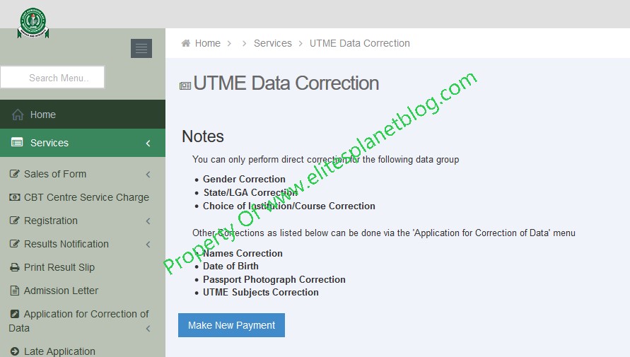 JAMB Change of Course/Institution Correction Page
