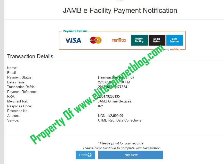 JAMB Change of Course/Institution Correction Payment Notification