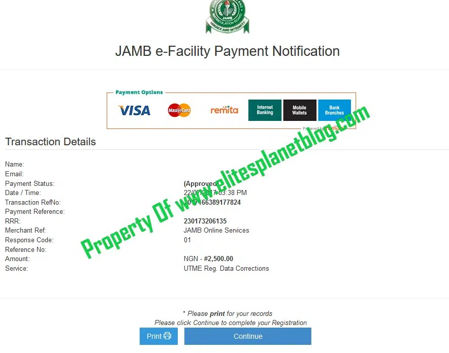 JAMB Change of Course/Institution Payment Slip
