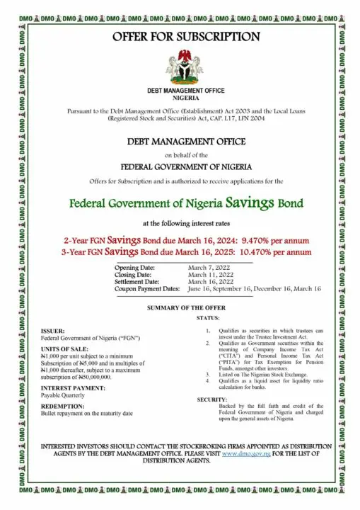 FGN Savings Bond Offer For March 2022