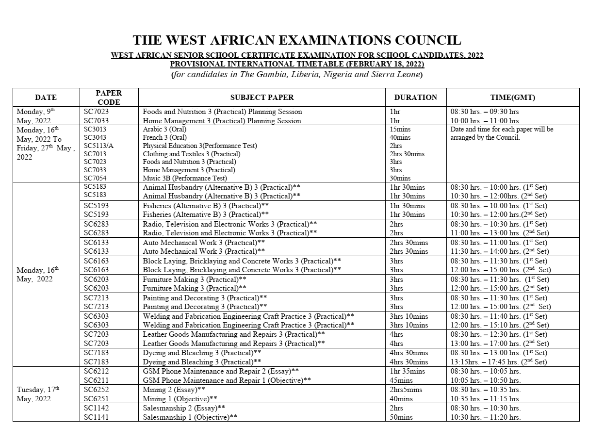 2022 WAEC Timetable for School Candidates [9th May - 20th June]