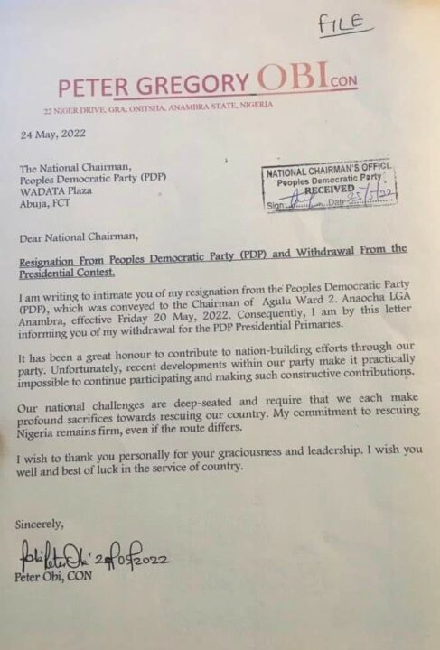 Read Full Peter Obi Resignation Letter From PDP