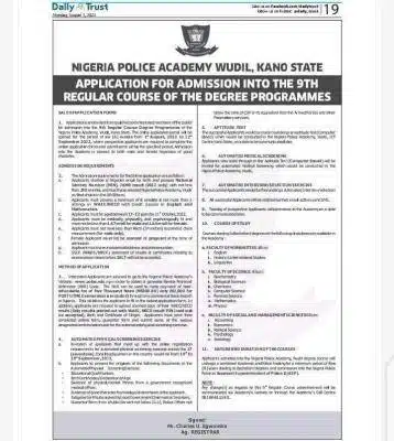 Nigeria Police Academy 9th Regular Course admission announced