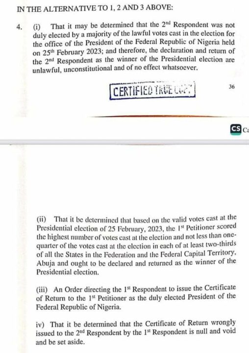Certified True Copies Of Peter Obi's Petition Against Tinubu At Presidential Election Tribunal