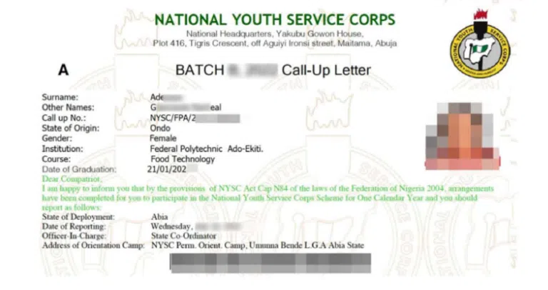 NYSC Call-Up Letter