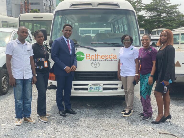 L-R: John Abah, Principal, Ikota Secondary School; Joy Ashuike Scholarship Officer, Bethesda Child Support Agency (Bethesda); Victor Willie, Head, Government and Stakeholder Relations, Access Holdings PLC; Lanre Abu, Director of Operations, Bethesda; Ogechi Ofurum, Chief Executive Officer, Bethesda, and Kanyinsola Olajiga, Team Member, Human Resources during the formal handover of two coaster buses procured by Human Resources and Executive Office of Access Holdings to Bethesda, at Access Towers in Victoria Island, Lagos... recently.