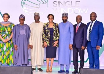 From left, Minister of State for Finance, Dr Doris Uzoka-Anite; Minister of Marine Economy, Mr Gboyega Oyetola; chairman, Senate Committee on Finance, Senator Sani Musa; Minister of Industry, Trade and Investment, Dr Jumoke Oduwole; chairman, Federal Inland Revenue Service, Dr Zacch Adedeji; Managing Director, Nigerian Port Authority (NPA), Dr Abubakar Dantsoho; head, National Single Window (NSW) project secretariat, Mr Tola Fakolade, at the opening of a three-day NSW industry and stakeholders’ forum held at Marriott Hotel, Ikeja, Lagos, on Tuesday