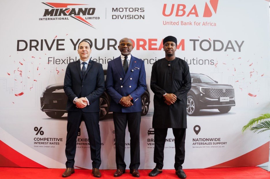 General Manager, Mikano Motors, Tarek Mostafa; Executive Director, Personal and Business Banking, United Bank for Africa, Chidi Okpala and National Operations Manager, Syam Abdulkadir, during a partnership signing between both parties, themed: ‘Drive Your Dreams Today’, a Flexible vehicle financing solutions, initiative at the Mikano Showroom in Victoria Island
