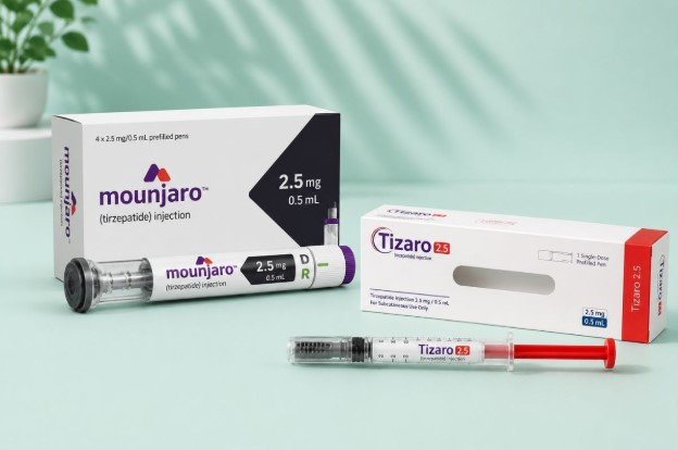 Image showing original Mounjaro and Tizaro available at HueBeautyGlam